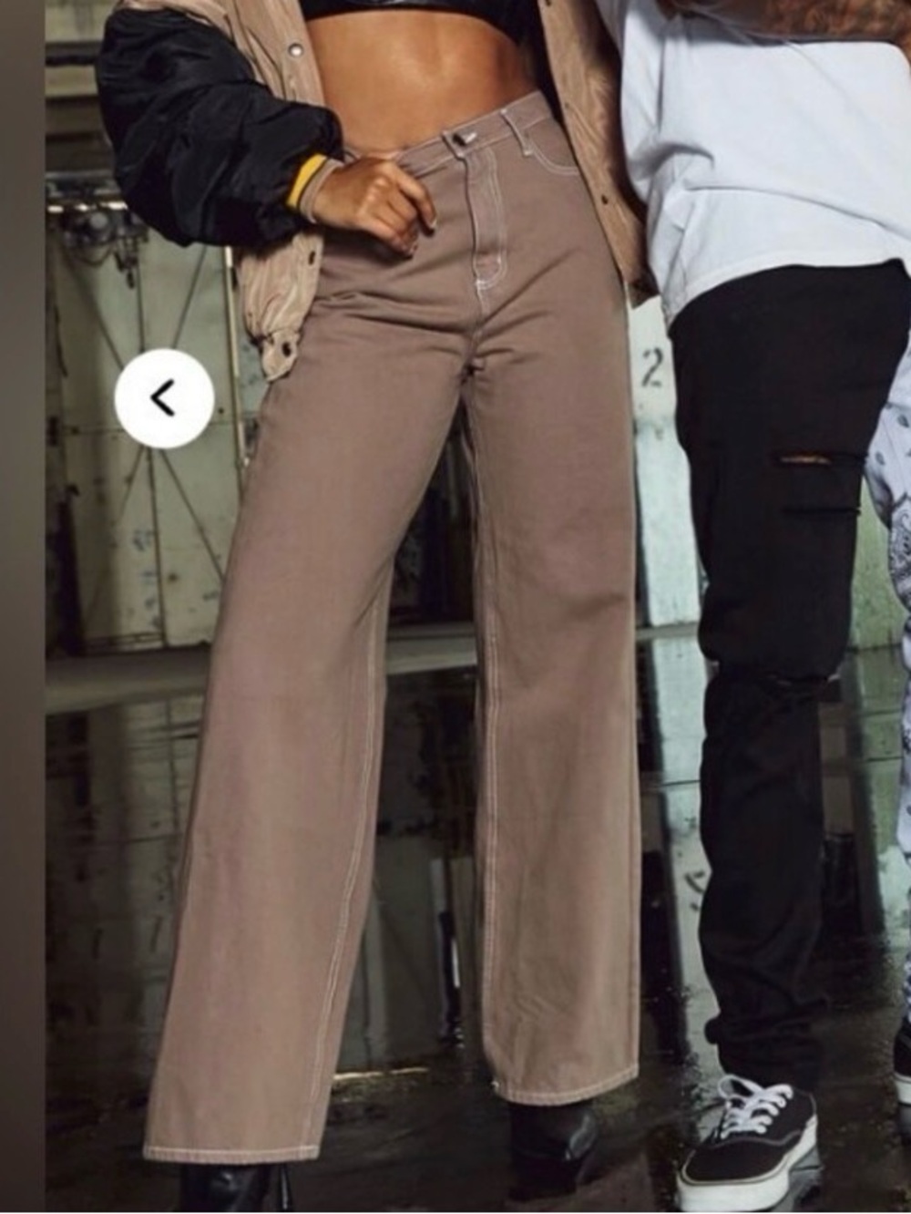 Fashion Nova Wide-Leg Hi Rise Jeans in Taupe with White Stitching